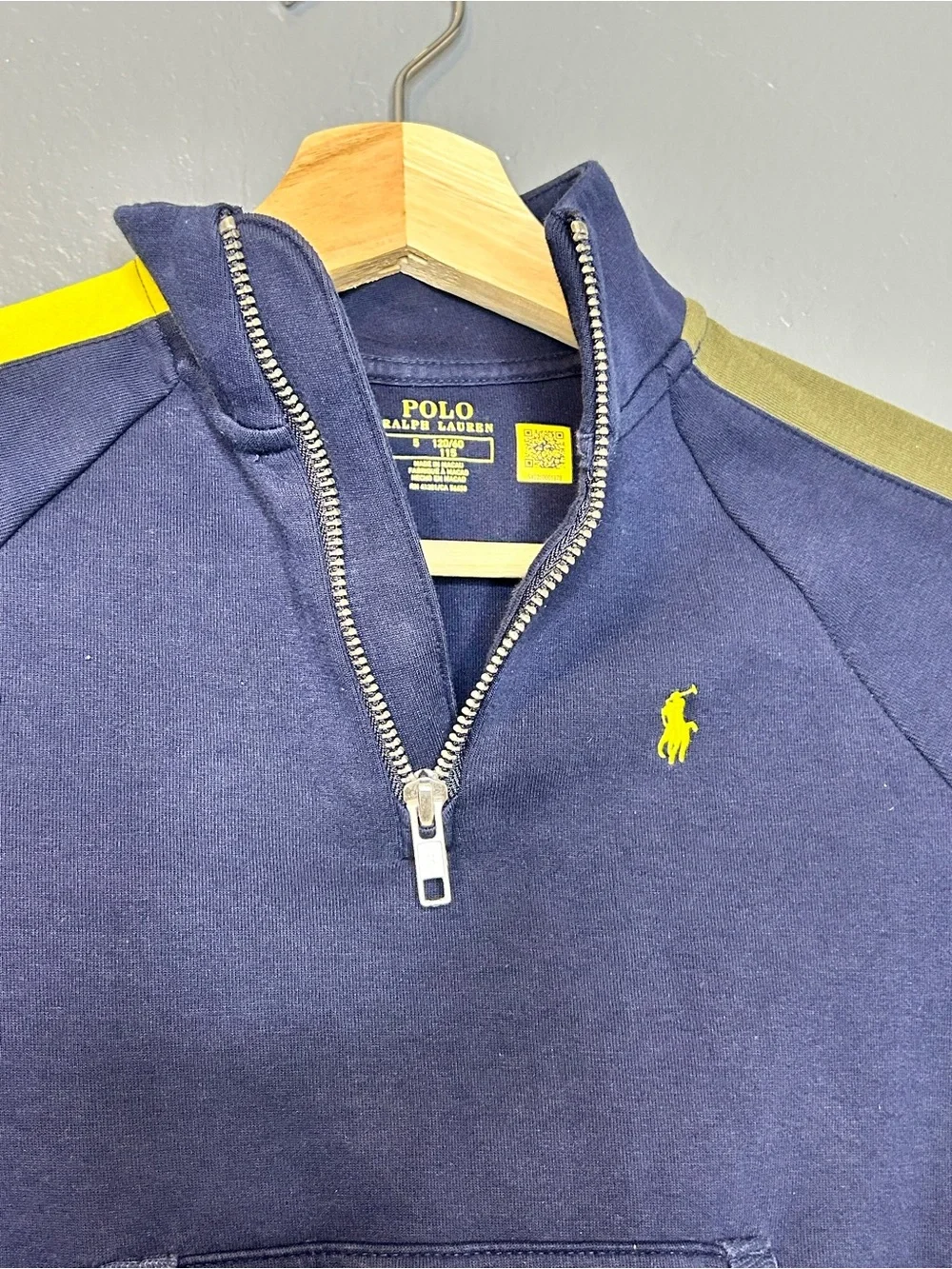 Ralph Lauren Navy Blue Half-Zip Sweatshirt with Yellow Stripes Boys 5T
